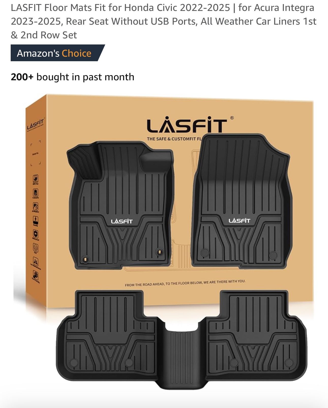 LASFIT Floor Mats Fit for Honda Civic 2022-2025 | for Acura Integra 2023-2025, Rear Seat Without USB Ports, All Weather Car Liners 1st & 2nd Row Set