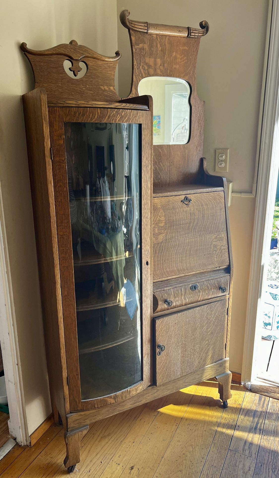Antique Oak Curio Cabinet With Attached Desk