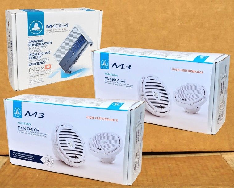 Marine M400/4 Water Resistant 4 Ch Speaker System Amplifier M3 Series 6 1/2" 2-Way Coaxial Speakers 450 Watts Package 🚨 Payment Options Available 🚨