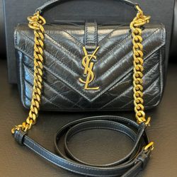 YSL SAINT LAURENT COLLEGE MINI CHAIN BAG IN SHINY CRACKLED LEATHER BLACK