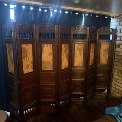 Asian Vintage Carved & Palm 4  Panel Screen