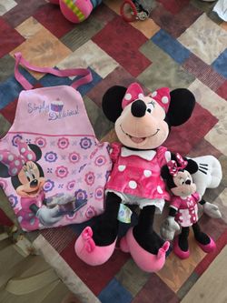 DISNEY MINNIE MOUSE STUFFED PLUSH CHARACTER 16" TALL, MM,SMALL PLUSH 8" TALL & NEW APRON SEE DESCRIPTION