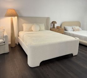 Modern Style White Bouclé Curved Headboard Bed w/ Wood Trim – NEW – King & Queen – $695 + FREE Delivery 