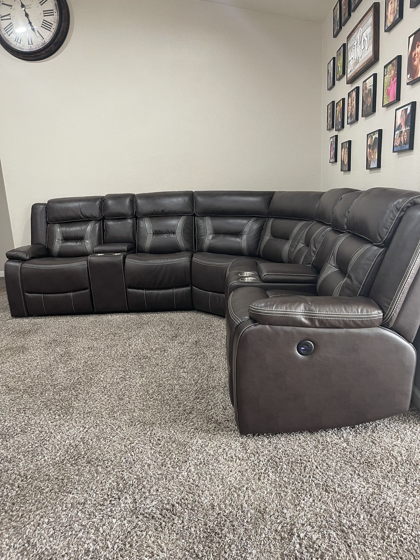 Brown Leather Sectional Sofa With Power Reclining Seats