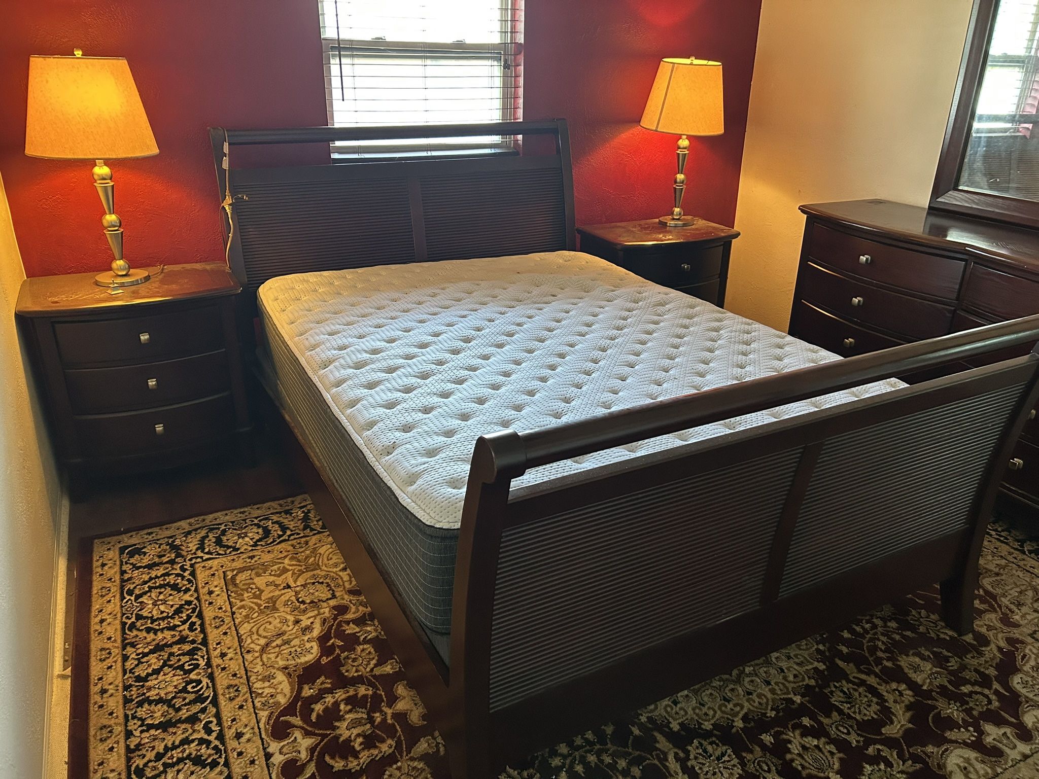 Queen Bedroom Set - Sleigh bed, mattress, boxspring, dresser, mirror, and 2 night stands