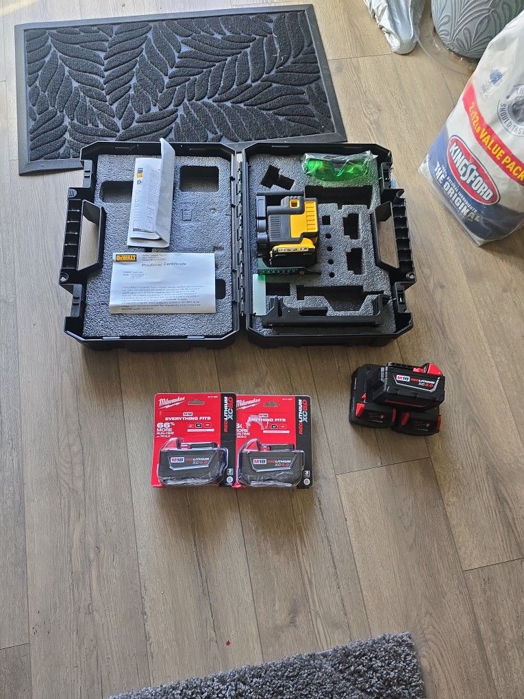 Milwaukee M18 Batteries New And Dewalt Dot Laser New