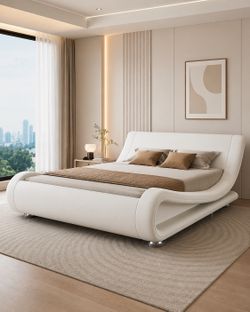Full Size Upholstered Bed Frame, Deluxe Low Profile Sleigh Bed with Faux Leather