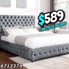 King Grey Platform Bed With Ortho Mattress Included!