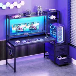 48 Inch Gaming Desk with Hutch & 3 Fabric Drawers, Computer Desk with USB Ports & LED Lights, Reversible Pc Gamer Table with Monitor Stand for Home Of