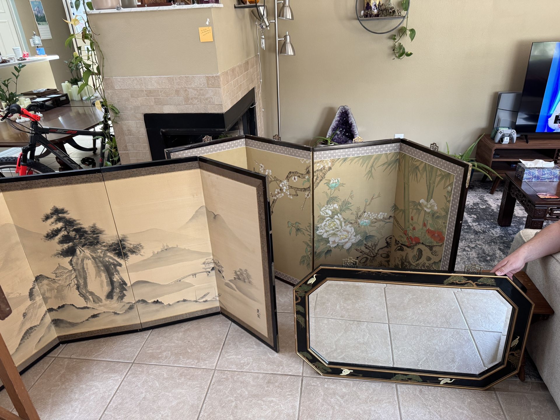 SET: Vintage Japanese Byōbu Folding Screens (2) and Mirror