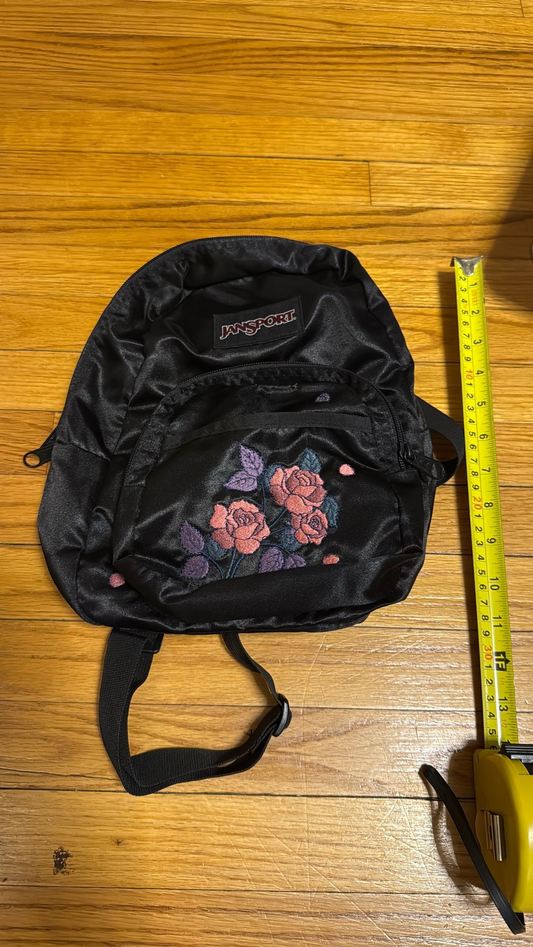 JanSport Mini Black Backpack, Half Pint, Rose Embroidered ,