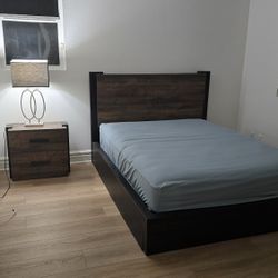 Queen Sized Bed, Table And Lamp