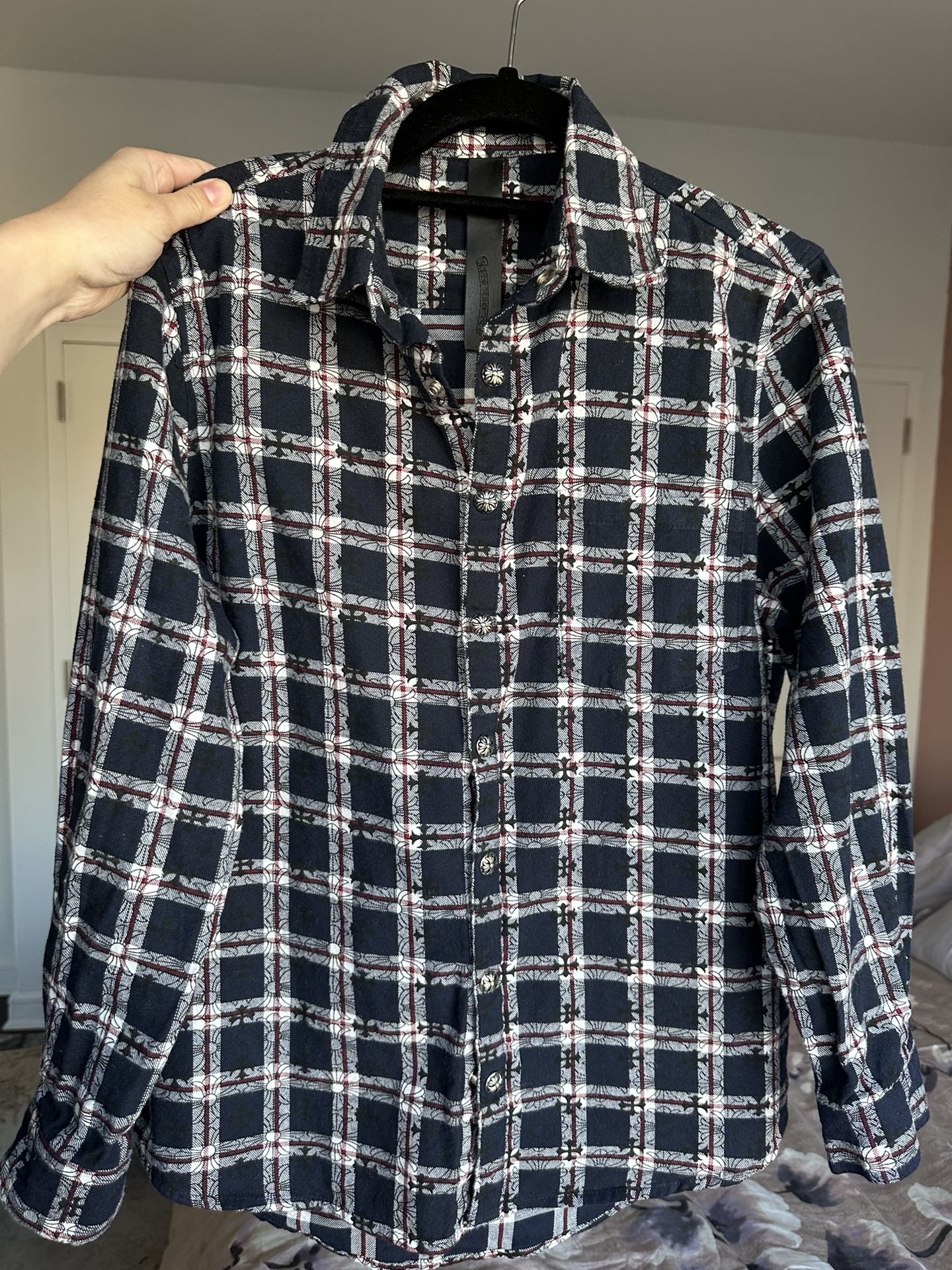 Chrome Hearts Flannel Navy Shirt Lambskin Leather Patch Size S EUR 44-46 Used