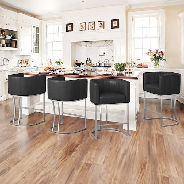 26 in.Modern Black Fabric Upholstered Counter Stool with Silver Metal Frame Barrel Counter Bar Stool Set of 4