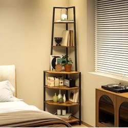 6 Tier Corner Shelf 69 Inch Industrial Bookshelf with Metal Frame, Multipurpose Tall Plant Stand with Opening Display Shelves for Living Room, Bedroom