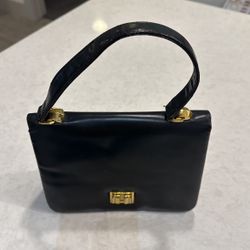 Elegant Retro Vintage Black Leather Top Handle Small Purse Gold Hardware