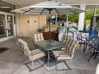 Outdoor Glass & Metal Table Set w/ Striped Umbrella & 4 Cushioned Chairs (Set of 6)