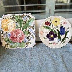Vintage Hand Painted Floral Majolica Italian 7" Square Plate