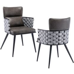 2 Mid-Century Modern Metal Leg Dining Chairs with Synthetic Leather Upholstery, for Kitchen or Living Room