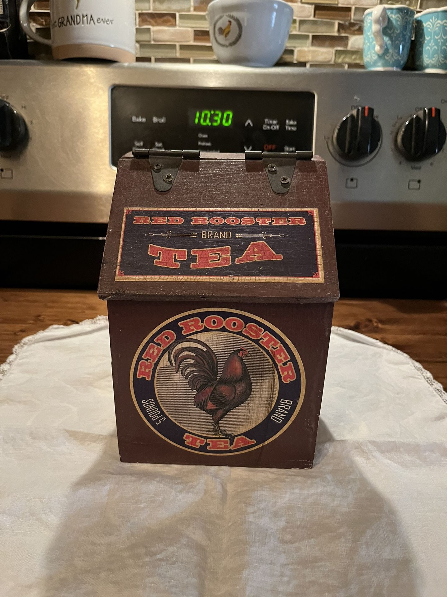 Red rooster band tea with labels on box with a rooster
