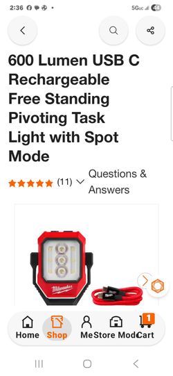 600 Lumen USB C Rechargeable Free Standing Pivoting Task Light with Spot Mode