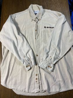 VTG Suzuki Style Mens XL Tan Canvas Denim Button Down Shirt Embroidered Logo
