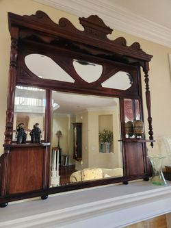 Vintage Wooden Over The Mantle Mirror