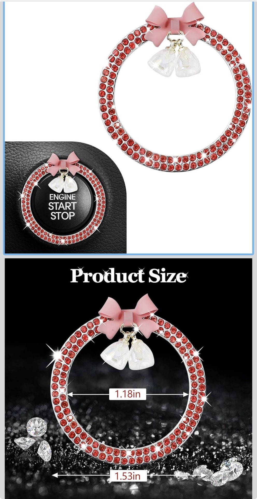 Hovom Cute Bow Bling Car Push Start Button Decoration Ring, Crystal Rhinestone Engine Start Button Cover, Push to Start Sticker Car Decoration, Automo