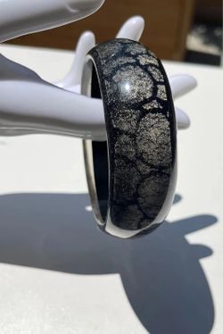Black Silver Round Sparkle Pattern Resin Bangle Bracelet Art Women’s Sz 8