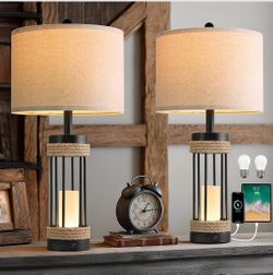 New In Box! 2 Farmhouse Bedside Lamps with USB