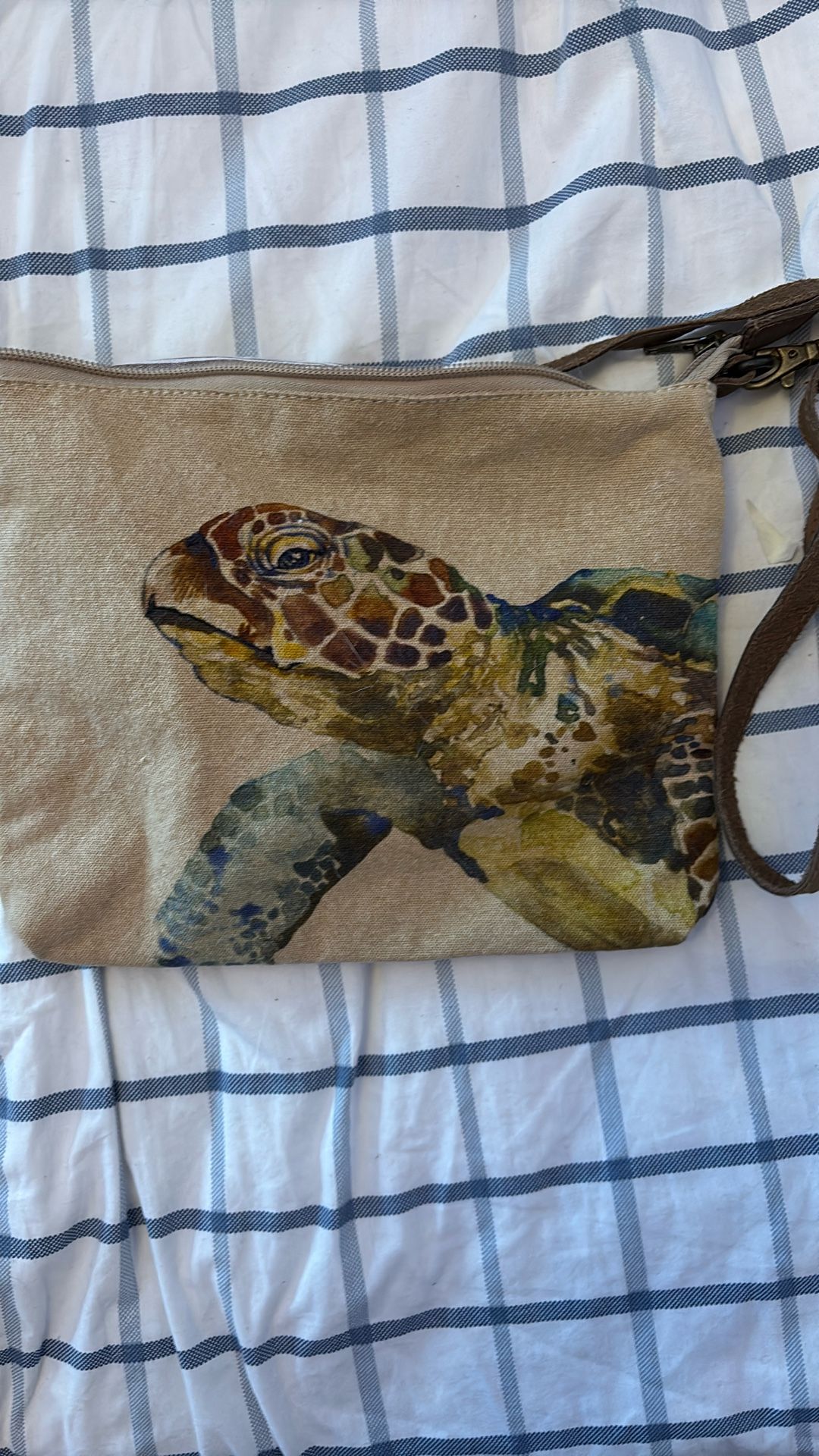 National Aquarium Sea Turtle Sling Bag made of cotton canvas with genuine leather