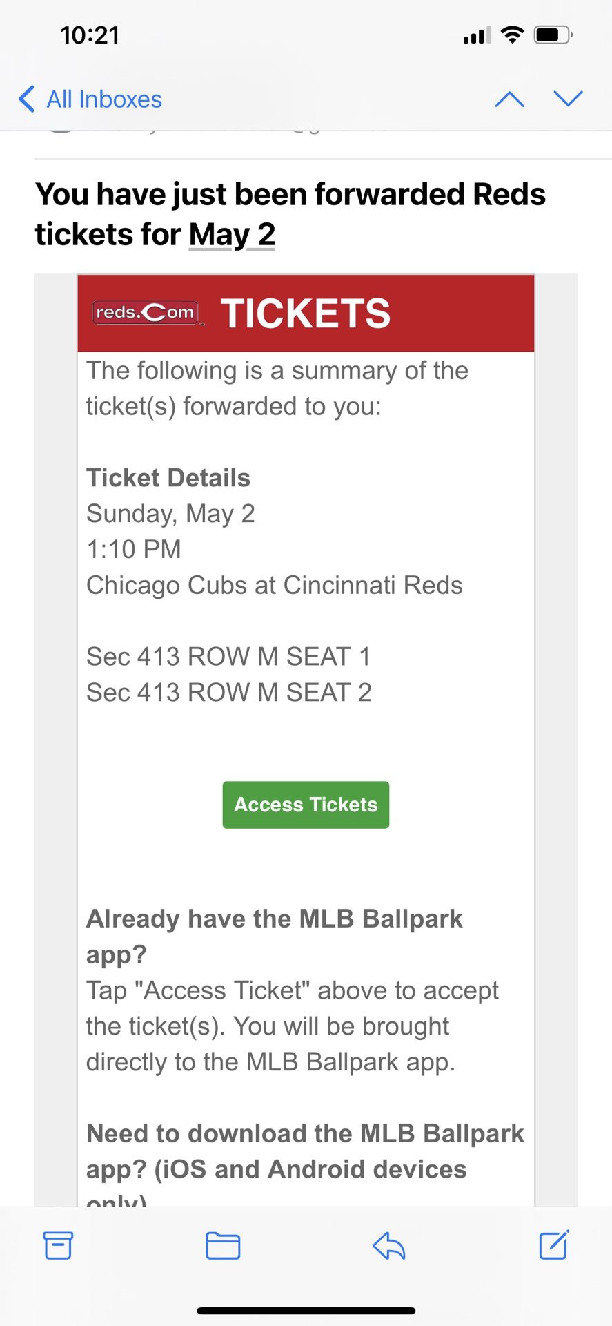 tickets For Reds Vs Cubs !!! Sunday May 2nd ! Great Seats!! 2 Tickets!!