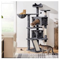 57 inches Cat Tree for Indoor Cats, Multi-Level Cat Tower w/ 3 Perches, 2 Cat Condos, 2 Hanging Balls and Scratching Posts, Dark Gray