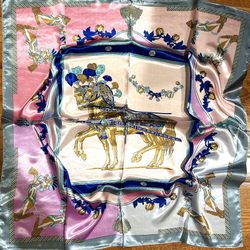 Horse Print Scarf PINK, gray & BLUE EQUESTRIAN PRINT SQUAR SILKy  SCARF 35/35