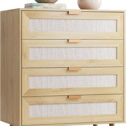 WLIVE Rattan Dresser for Bedroom, 4 Drawer Wooden Boho Dresser Storage with Gold Metal Handle, Chest of Drawers for Living Room, Closet, Hallway, Ligh