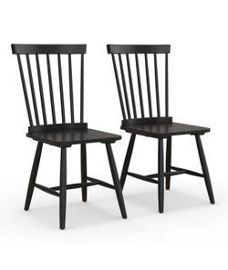 New Costway Windsor Dining Chairs Set of 2 Armless Spindle Back Solid Rubber Wood Black