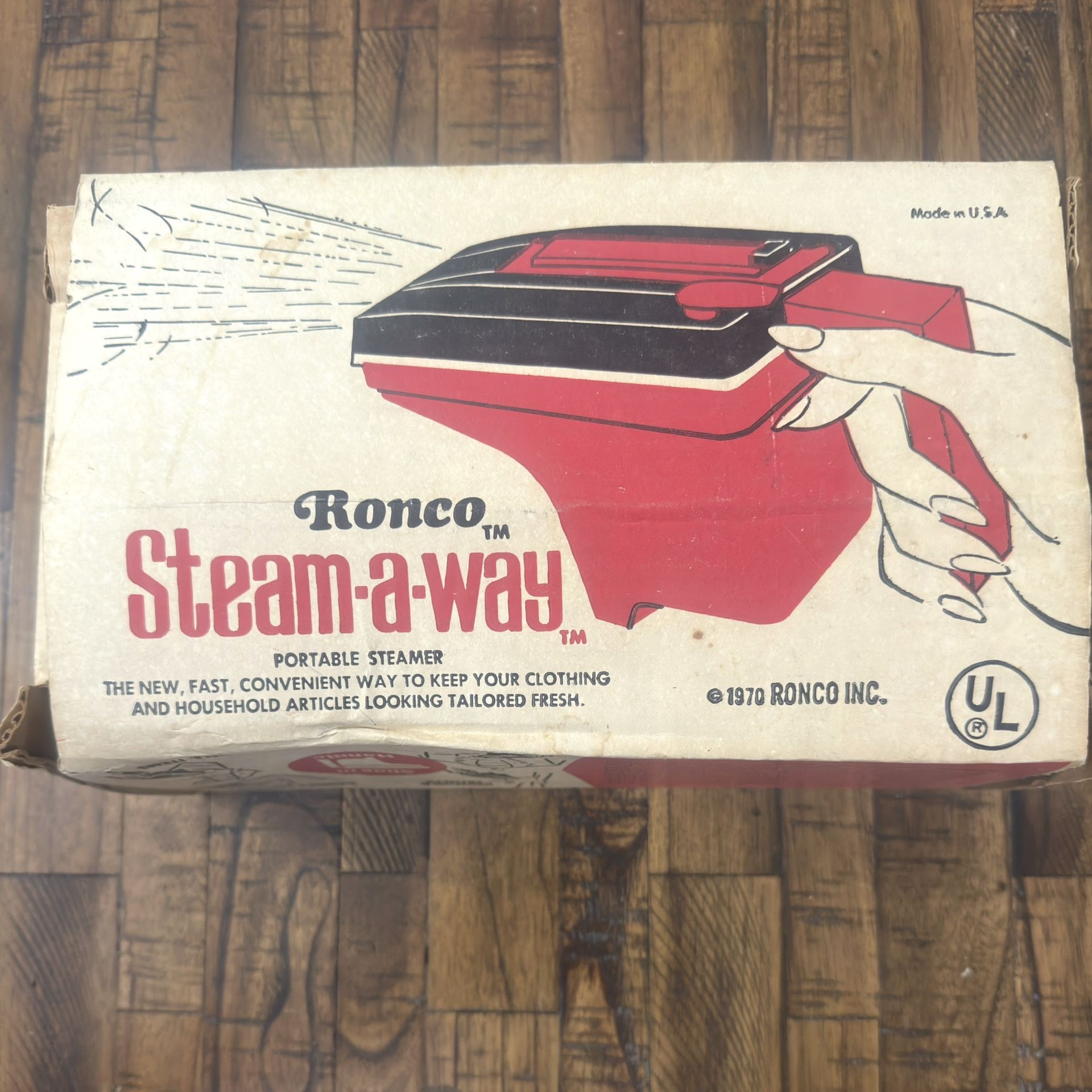 Vintage 1970 Ronco Steam-a-Way Portable Steamer Original Box Instruction Insert Made In USA Travel Handheld Wrinkle Remover Complete