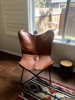 Boho-inspired Handmade Leather Butterfly Chair, Mid-Century Modern Tan Lounge Seating