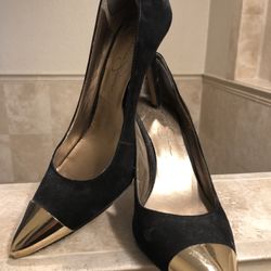 JESSICA SIMPSON Black Suede Gold Tip High Heel Pumps