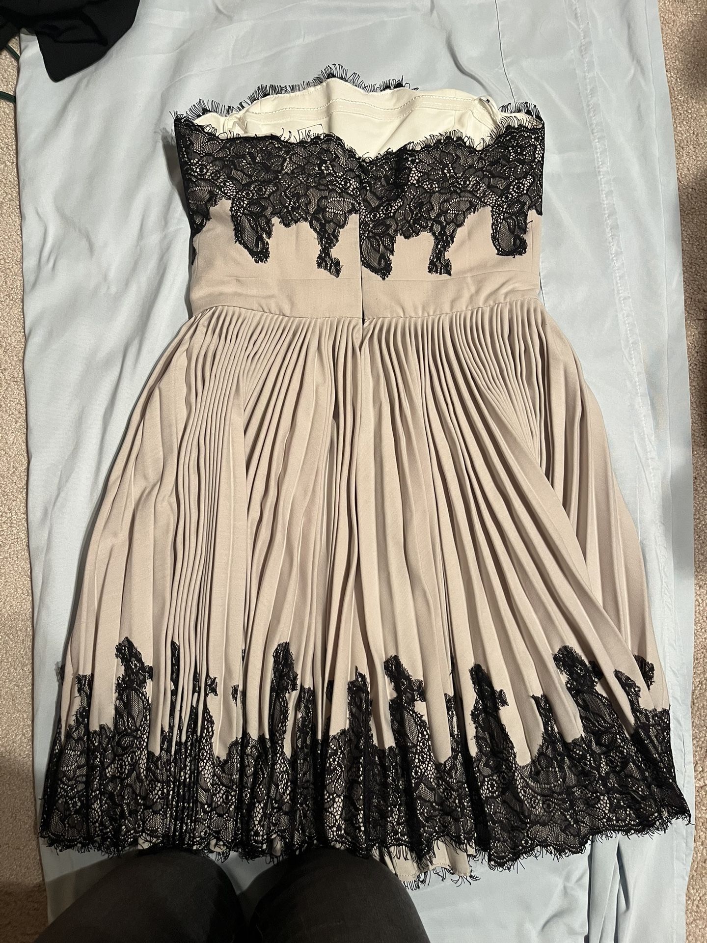 Strapless party dress, beige, and black lace