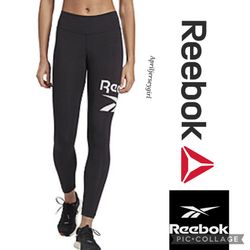 Reebok High Waist Shiny Black Leggings Logo Bottom Leg