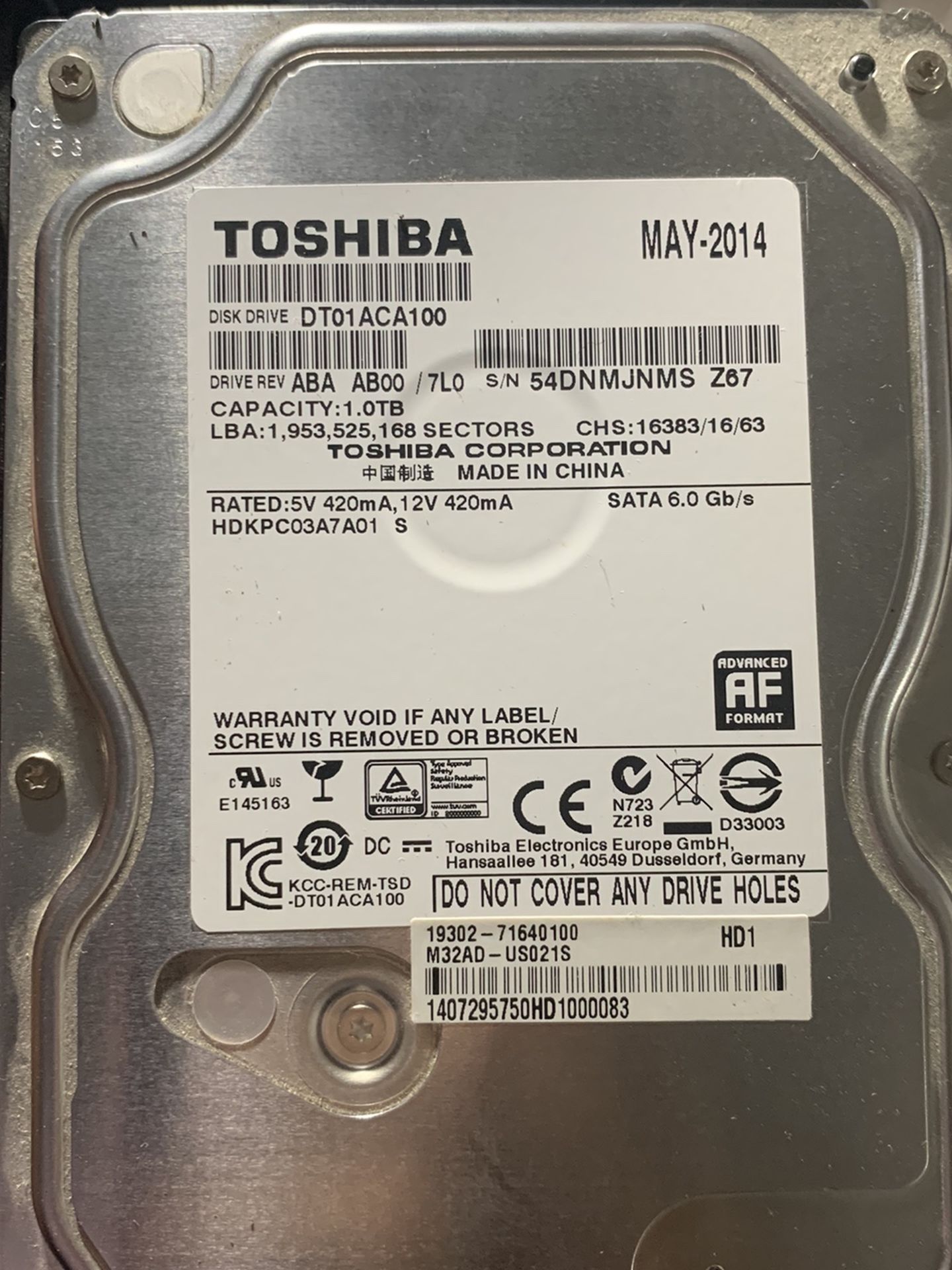 1TB Hard Drive. Cleaned