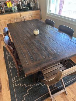 Dark Wood Plank Top Dining Table with Chairs