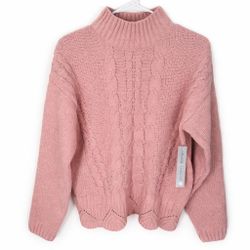 Pink Cable Knit Turtleneck Sweater