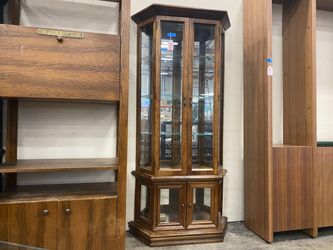 Vintage Mahogany Trapezoidal Curio Cabinet with Glass Doors and Shelving