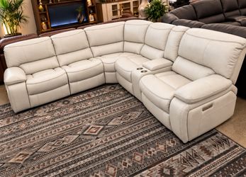 Cream Leather Power Reclining Sectional Sofa