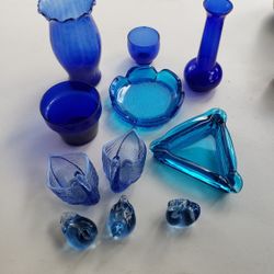 Vintage Antique Glass Cobalt turquoise Blue Fenton Glass swans Vases LOT Bowl Ashtray 