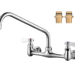 Commercial Sink Faucet with 12” Swivel Spout, 8" Center Wall Mount Kitchen Faucet, Dual Handles Brass Utility Sink Faucet for Laundry Room Restaurant