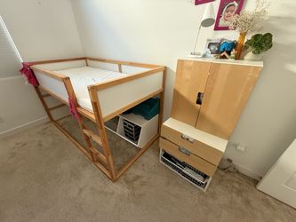 2 Kids Loft Bed Ikea Kura with small closet and book shelf - only $220