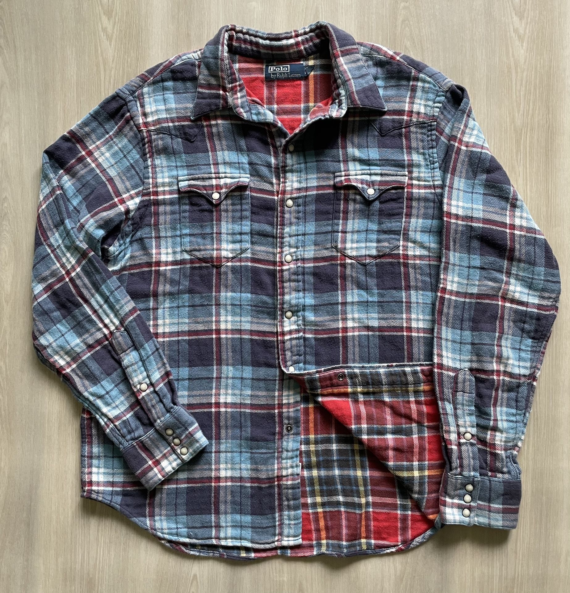 Vintage 90s Polo Ralph Lauren Plaid Western Pearl Snap Shirt Lined Reversible Sz XL